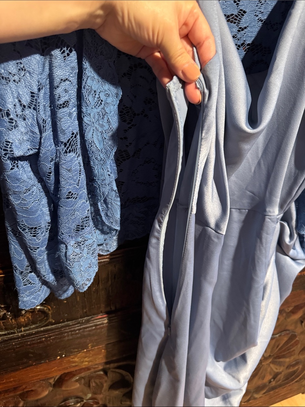 Light Blue Draped Wedding Dress with Lace Jacket - Picture 3 of 6